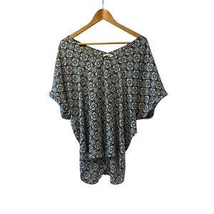 LUSH Blue Printed V Neck Loose Fit Short Sleeve Long Dressy Top L